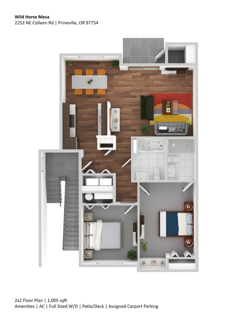 2 bedroom, 2 bath 1,005 sf floor plan 3D