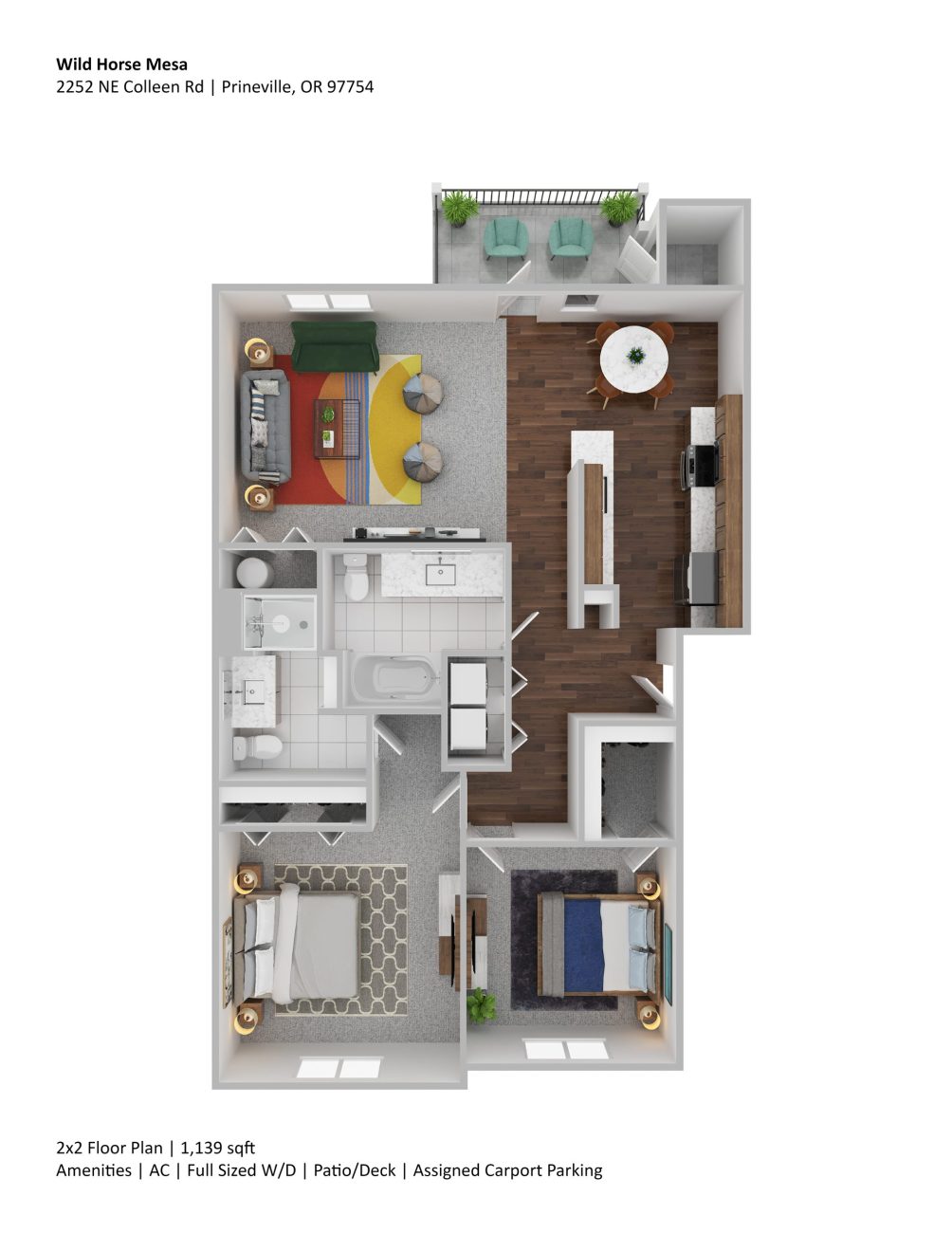 2 bedroom, 2 bathroom 1,139 sf floor plan 3D