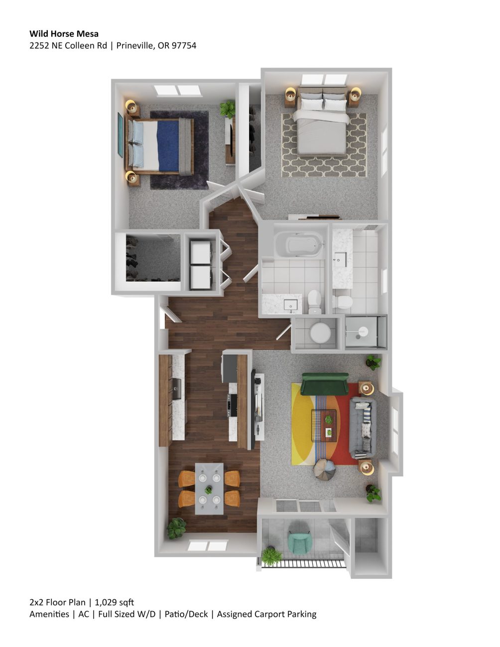 2 bedroom, 2 bathroom floor plan 3D