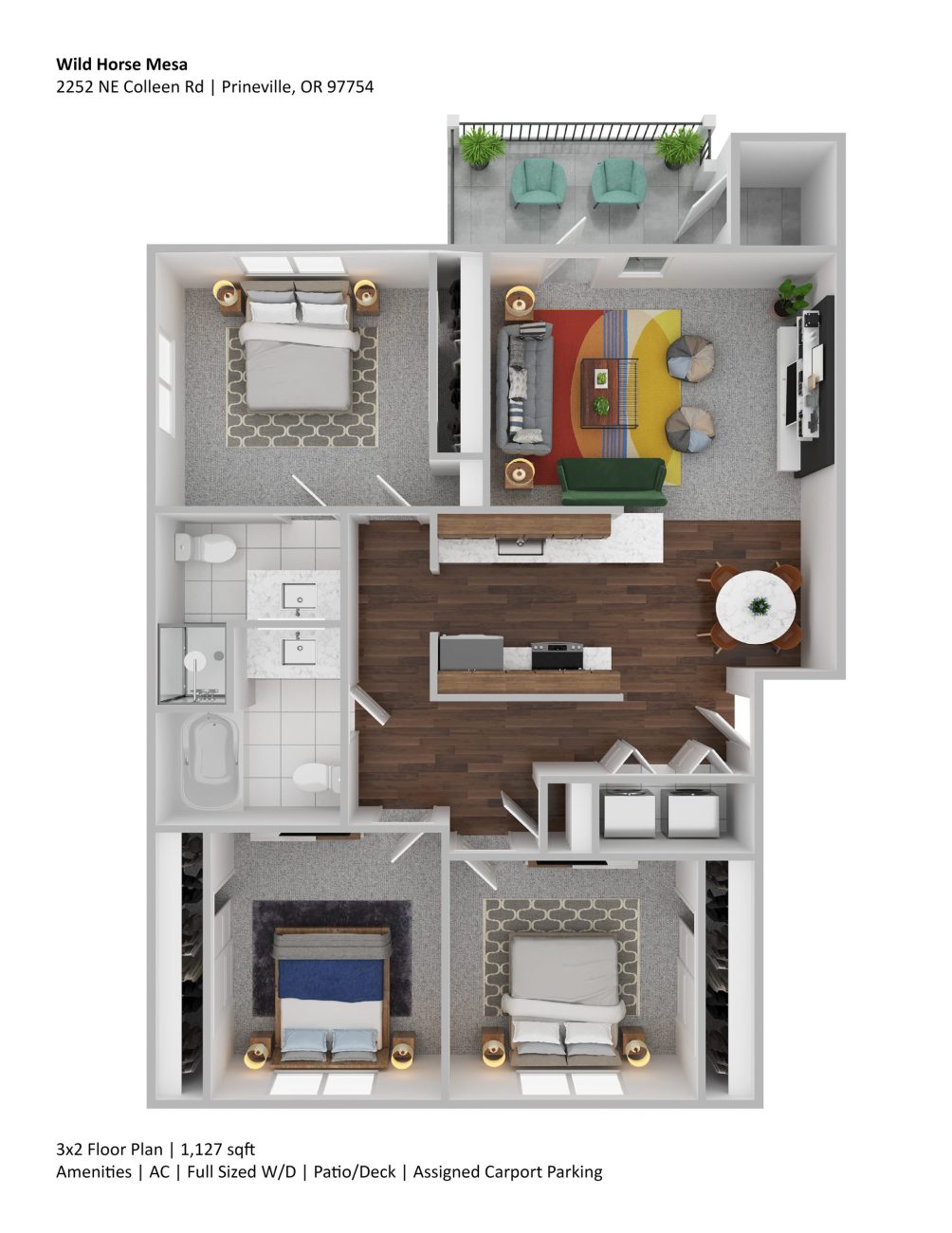 3 bedroom, 2 bath floor plan 3D
